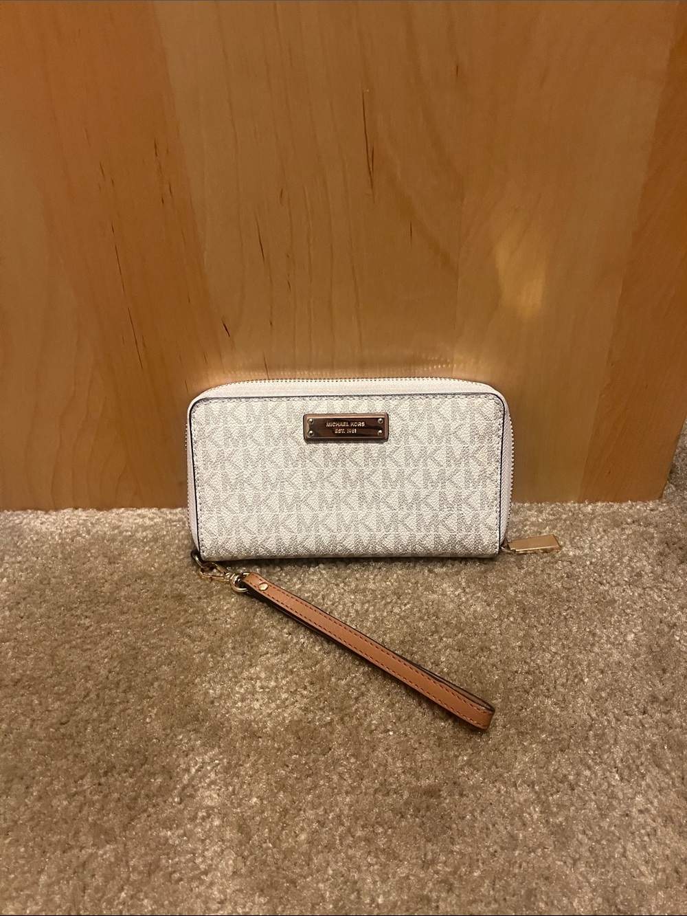 Michael Kors White Signature Zip-Around Wristlet with Tan Strap
